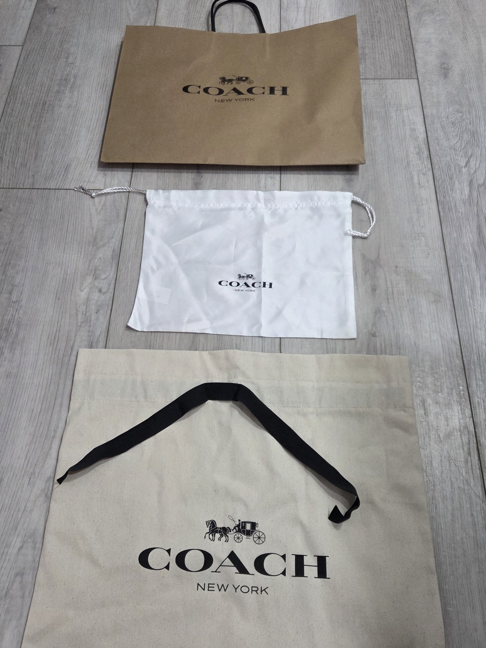 Coach Drawstring Dust Bags + Paper Bags Set in White, Brown, Natural